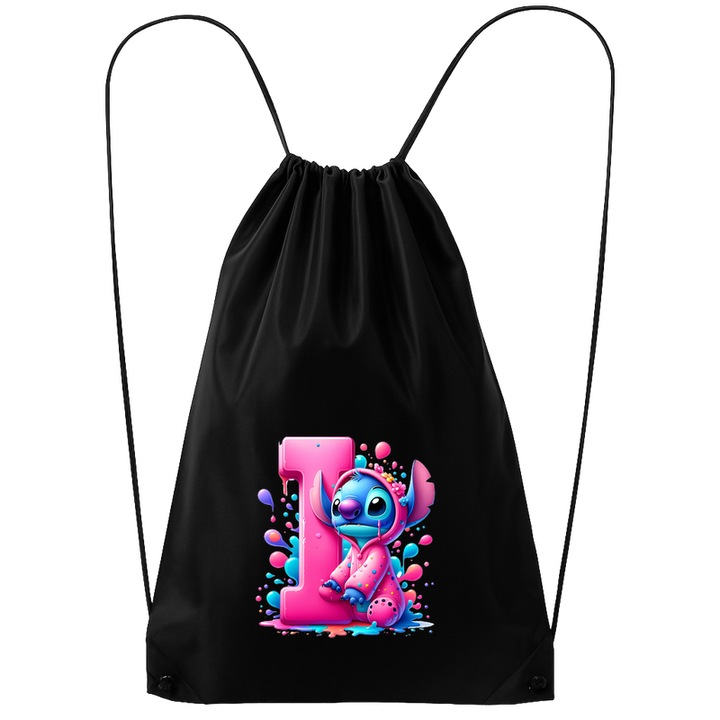 Rucsac tip ghiozdan Alfabet Litera I cu Stitch Roz fericit, explozie de culori, Poliester, Cri-flo. Culoare Negru, Marime 34 x 45 cm