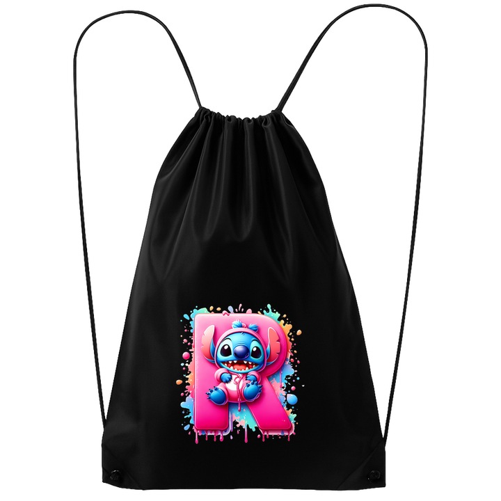 Rucsac tip ghiozdan Alfabet Litera R cu Stitch Roz fericit, explozie de culori, Poliester, Cri-flo. Culoare Negru, Marime 34 x 45 cm