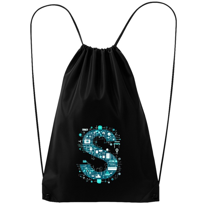 Rucsac tip ghiozdan Alfabet Litera S cu circuite, cyber, tehnologie, Poliester, Cri-flo. Culoare Negru, Marime 34 x 45 cm