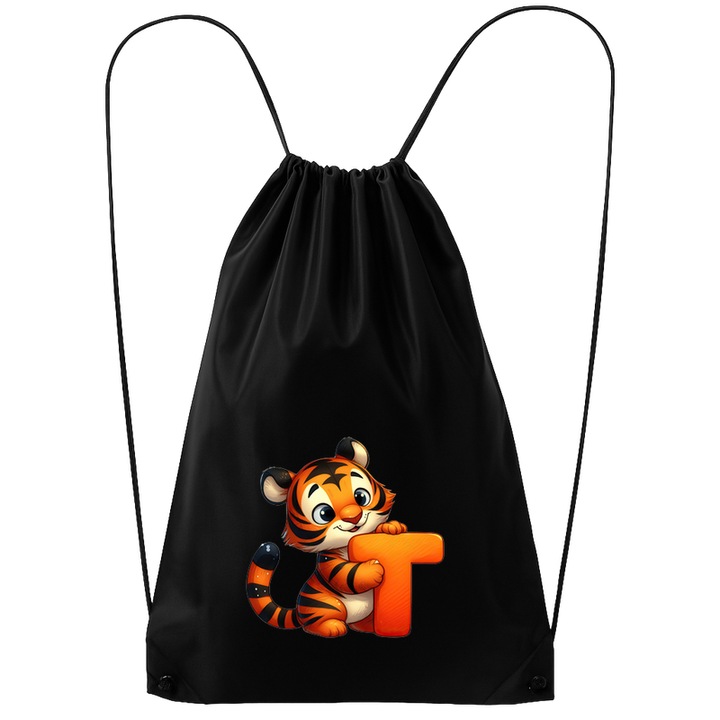 Rucsac tip ghiozdan Alfabet Litera T cu animal Tiger Tigru, Poliester, Cri-flo. Culoare Negru, Marime 34 x 45 cm