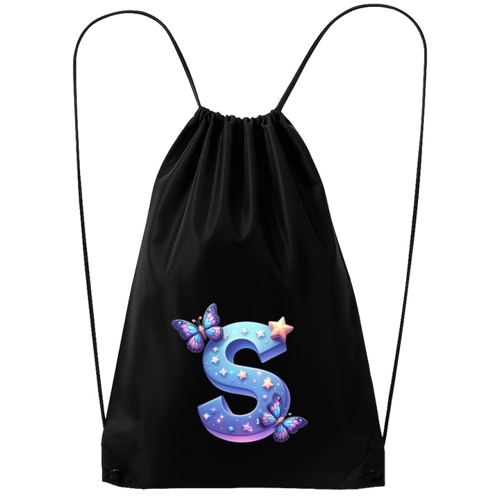 Rucsac tip ghiozdan Alfabet Litera S cu fluturi colorati, stele aurii, flori colorate, Poliester, Cri-flo. Culoare Negru, Marime 34 x 45 cm
