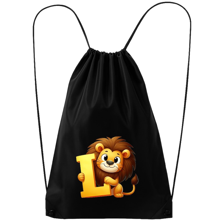 Rucsac tip ghiozdan Alfabet Litera L cu animal Lion Leu, Poliester, Cri-flo. Culoare Negru, Marime 34 x 45 cm