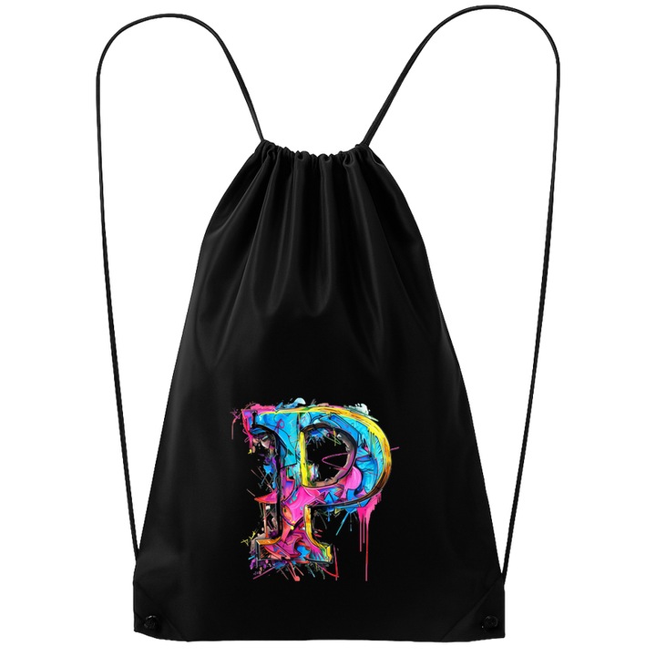 Rucsac tip ghiozdan Alfabet Litera P cu graffiti, design exploziv, arta urbana, Poliester, Cri-flo. Culoare Negru, Marime 34 x 45 cm