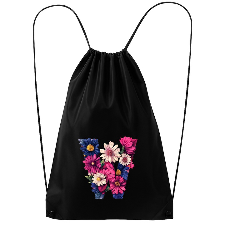Rucsac tip ghiozdan Alfabet Litera W cu flori, margarete, flori colorate, Poliester, Cri-flo. Culoare Negru, Marime 34 x 45 cm
