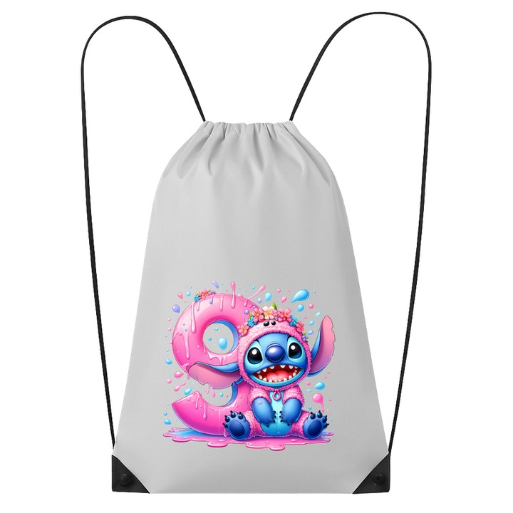 Rucsac tip ghiozdan Alfabet Cifra 9 cu Stitch Roz fericit, explozie de culori, Poliester, Cri-flo. Culoare Alb, Marime 34 x 45 cm