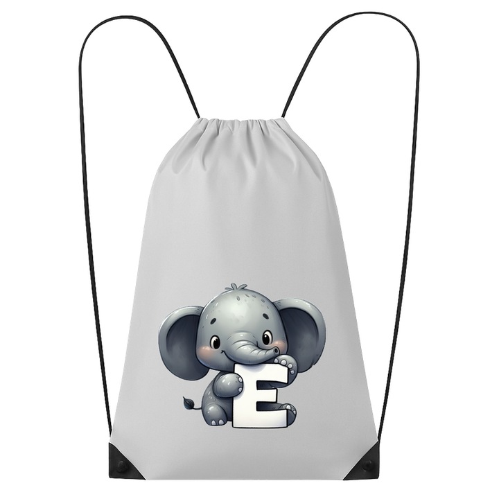 Rucsac tip ghiozdan Alfabet Litera E cu animal Elephant Elefant, Poliester, Cri-flo. Culoare Alb, Marime 34 x 45 cm