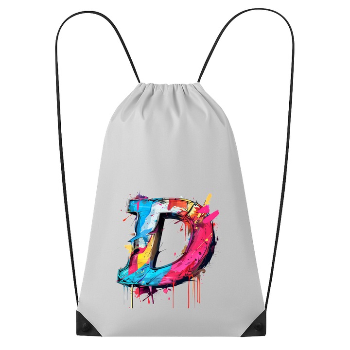 Rucsac tip ghiozdan Alfabet Litera D cu graffiti, design exploziv, arta urbana, Poliester, Cri-flo. Culoare Alb, Marime 34 x 45 cm
