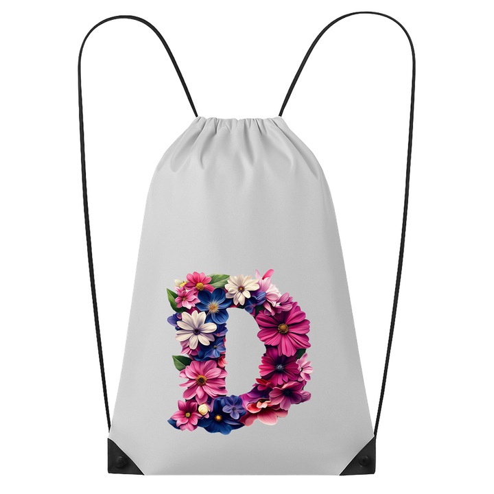 Rucsac tip ghiozdan Alfabet Litera D cu flori, margarete, flori colorate, Poliester, Cri-flo. Culoare Alb, Marime 34 x 45 cm