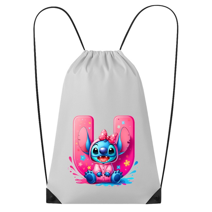 Rucsac tip ghiozdan Alfabet Litera U cu Stitch Roz fericit, explozie de culori, Poliester, Cri-flo. Culoare Alb, Marime 34 x 45 cm