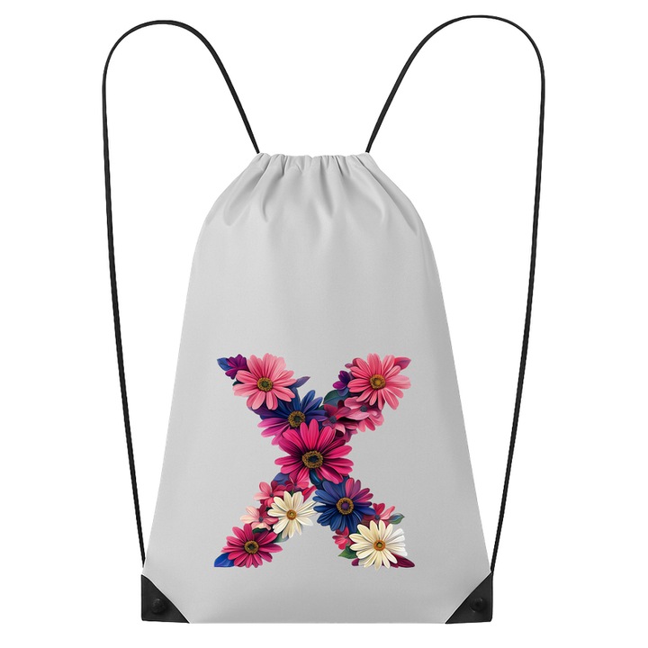 Rucsac tip ghiozdan Alfabet Litera X cu flori, margarete, flori colorate, Poliester, Cri-flo. Culoare Alb, Marime 34 x 45 cm
