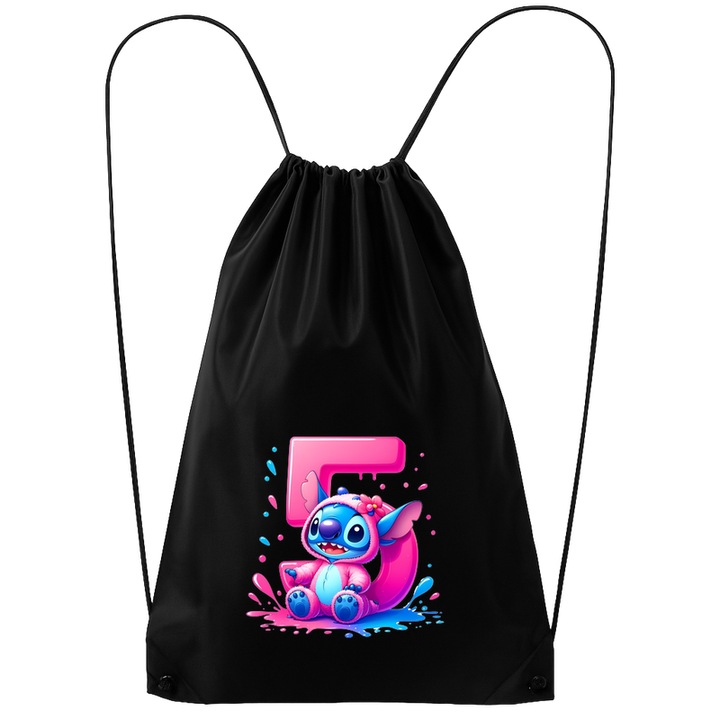 Rucsac tip ghiozdan Alfabet CIfra 5 cu Stitch Roz fericit, explozie de culori, Poliester, Cri-flo. Culoare Negru, Marime 34 x 45 cm