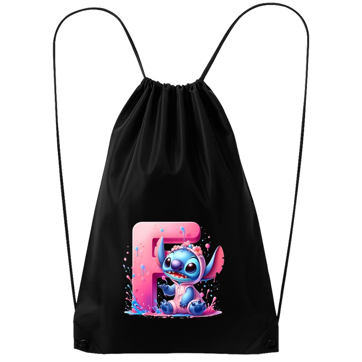 Rucsac tip ghiozdan Alfabet Litera F cu Stitch Roz fericit, explozie de culori, Poliester, Cri-flo. Culoare Negru, Marime 34 x 45 cm