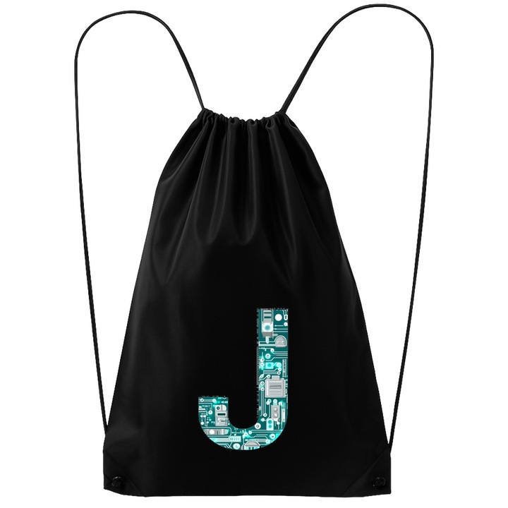 Rucsac tip ghiozdan Alfabet Litera J cu circuite, cyber, tehnologie, Poliester, Cri-flo. Culoare Negru, Marime 34 x 45 cm