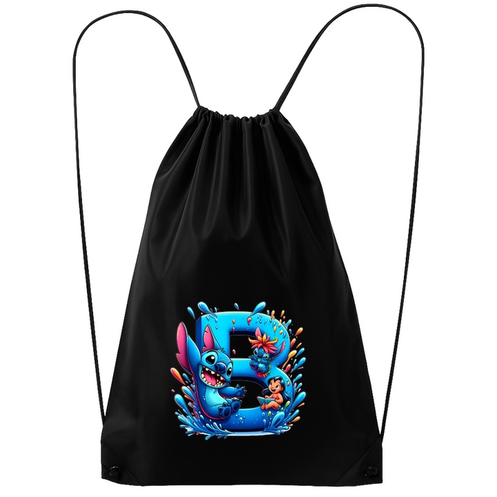 Rucsac tip ghiozdan Alfabet Litera B cu Lilo si Stitch albastru, veselie mare, Mare, Poliester, Cri-flo. Culoare Negru, Marime 34 x 45 cm
