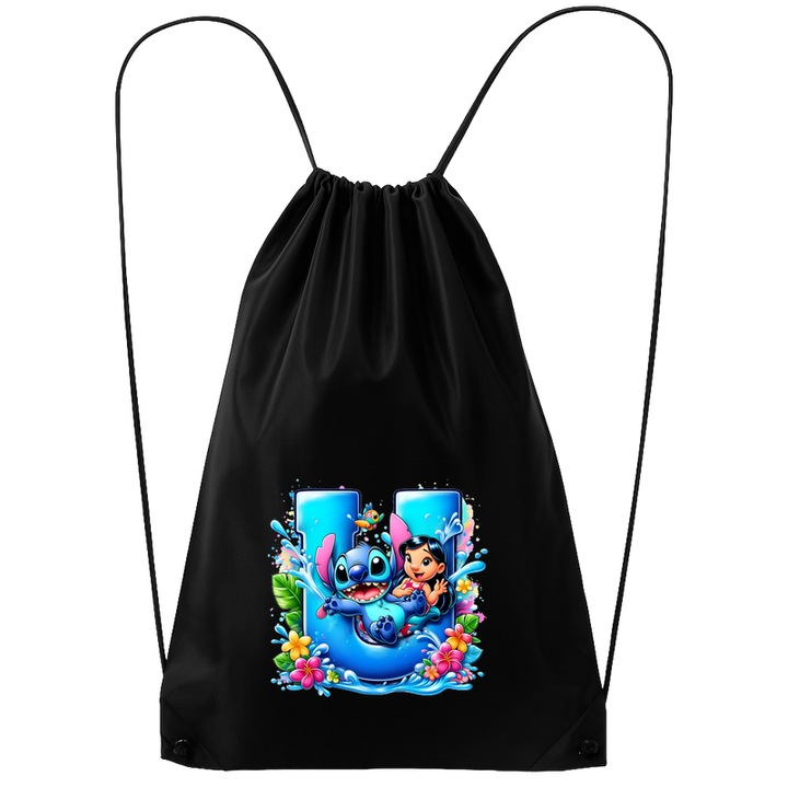 Rucsac tip ghiozdan Alfabet Litera U cu Lilo si Stitch albastru, veselie mare, Mare, Poliester, Cri-flo. Culoare Negru, Marime 34 x 45 cm