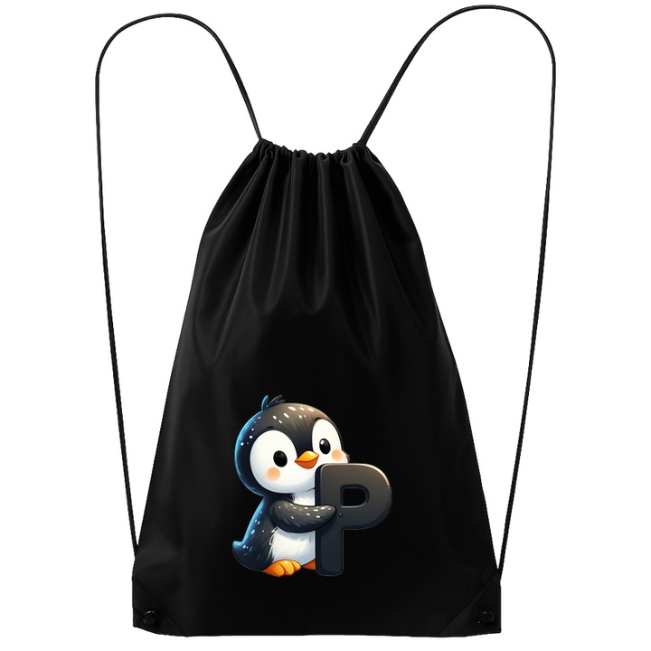Rucsac tip ghiozdan Alfabet Litera P cu animal Penguin Pinguin, Poliester, Cri-flo. Culoare Negru, Marime 34 x 45 cm