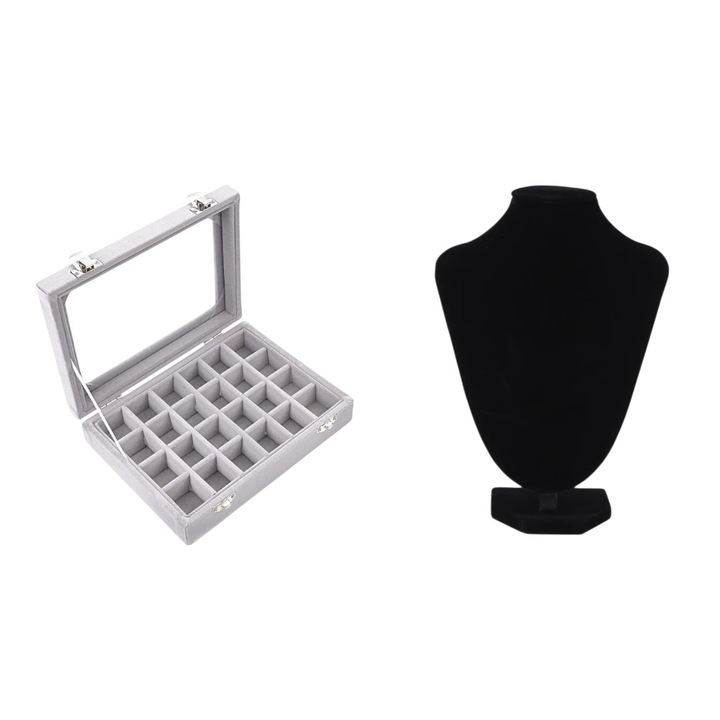 Set Suport/stand bijuterii din catifea, universal si elegant, negru si Cutie cu 24 compartimente organizare, inele, cercei, coliere, bratari, catifea, portabila si rezistenta