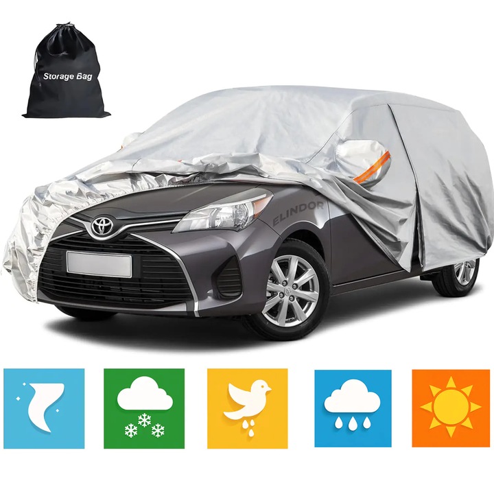 Prelata Auto Gri 6 Straturi Elindor®, Toate Anotimpurile, Husa Protectie Completa, Ploaie, Anti Soare, Impermeabila, Bumbac, Compatibila pentru Hatchback M, Accesorii Masina Huse Exterior, 382x165x120 cm