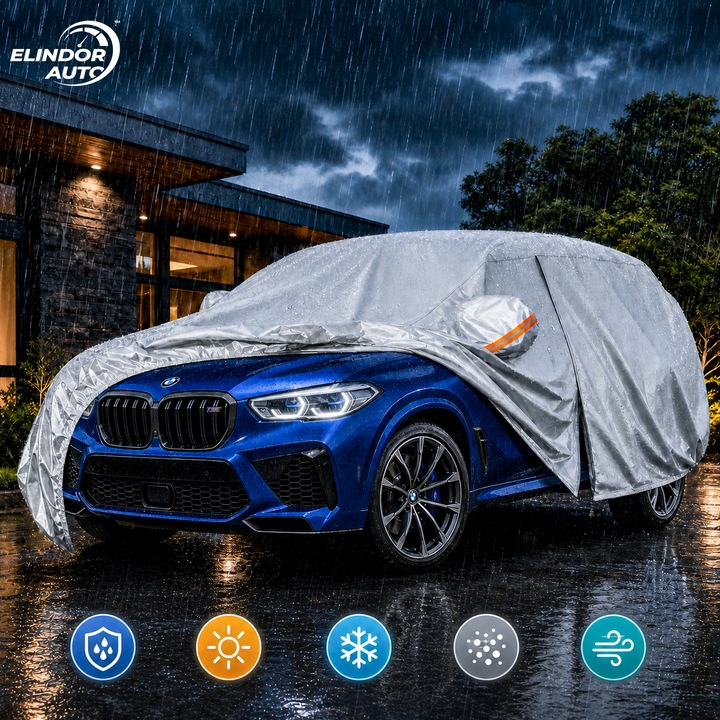 Prelata Auto Gri 6 Straturi Elindor®, Impermeabila, Toate Anotimpurile, Husa Protectie Completa, Antigrindina, Ploaie, Anti Soare, Bumbac, Compatibila pentru SUV, Accesorii Masina Exterior, 450x183x143 cm