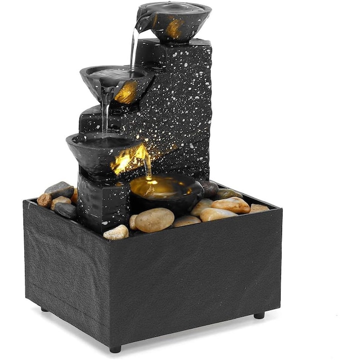 Декоративен вътрешен фонтан с LED, модел водопад, 3 стъпала, черен, 11x9x17см, инкрустиран с естествени камъни