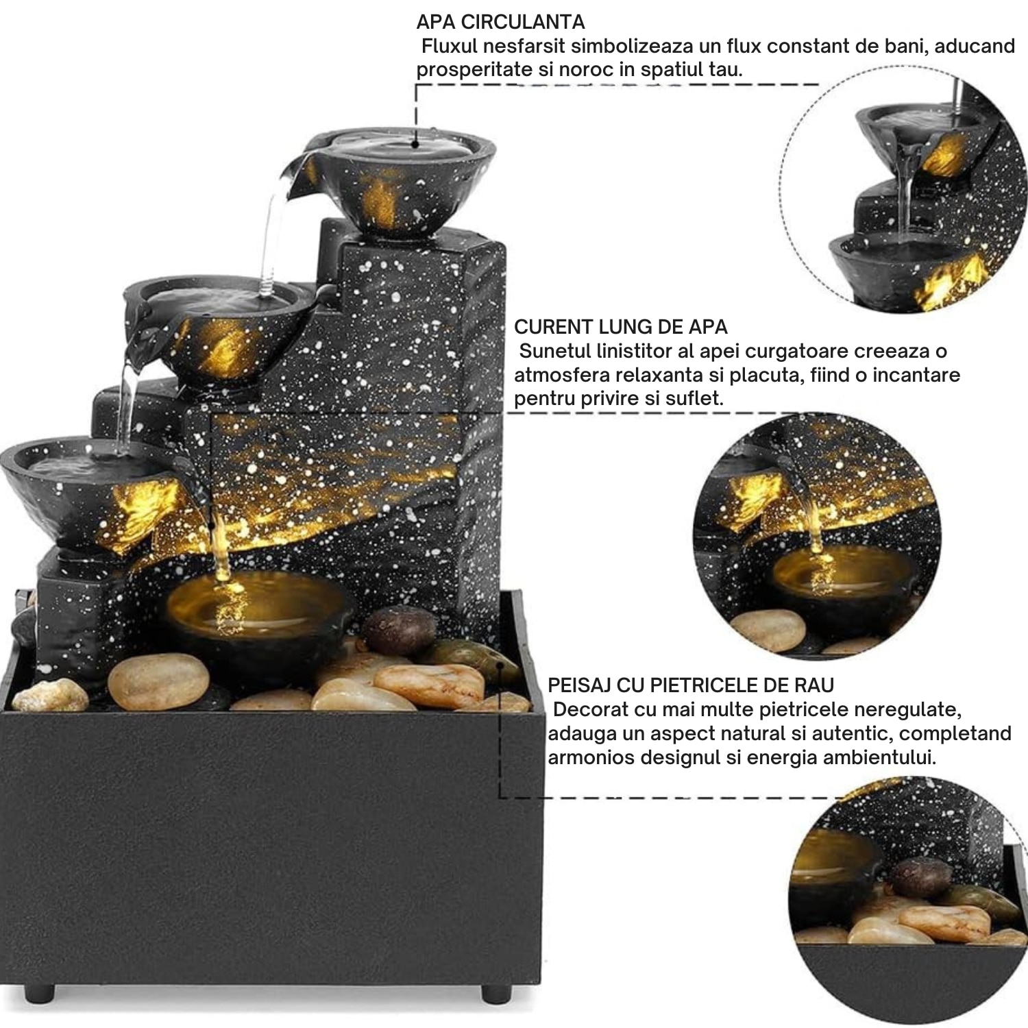 Fantana arteziana decorativa de interior cu lumina LED, model