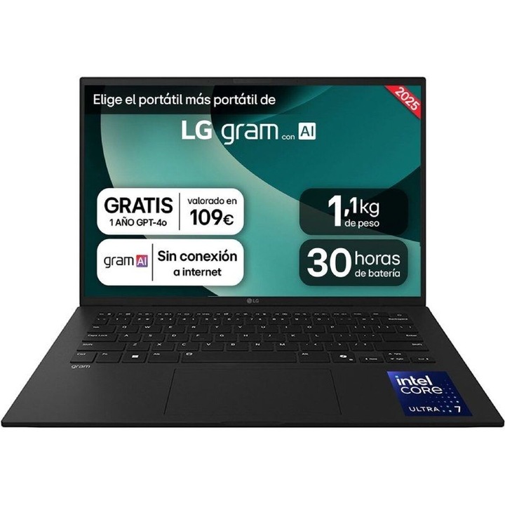 LG Gram 14ZD90T-G.AX78B laptop, 14", Intel Core Ultra 7 processzor, 16 GB RAM, 1 TB SSD, spanyol QWERTY billentyűzet, fekete