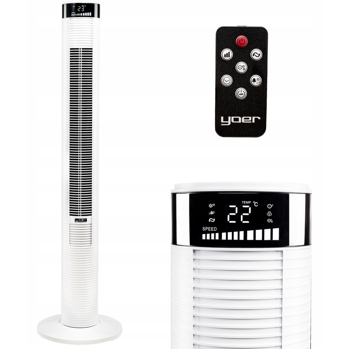 Ventilator coloana Yoer TF03W, 118 cm, alb, cu ionizare si 4 moduri de functionare, telecomanda
