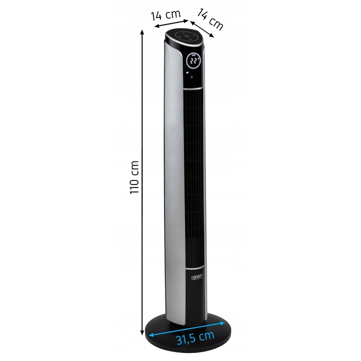 Ventilator coloana Yoer VERTO TF01S, 110cm, negru cu elemente argintii, 4 moduri de functionare, telecomanda, ionizare