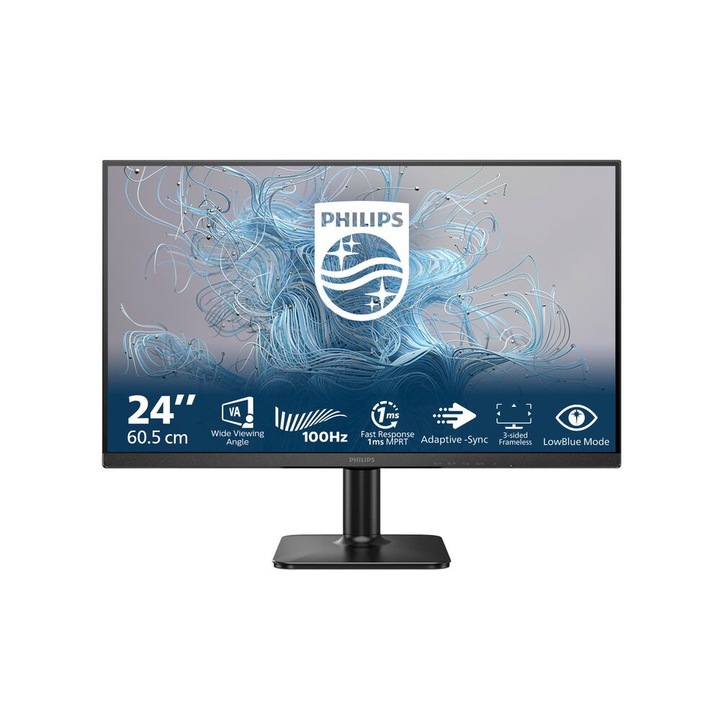 Монитор Philips 24E2N1100LB/00, 23.8'', VA WLED panel, AG, 3H, FHD 1920 x1080, 16:9, 100Hz, 1ms, 250 cd/m2, 4000:1, Adaptive Sync, Flicker-Free, LowBlue Mode, EasyRead, VGA, HDMI, Tilt, VESA 100, Black 24E2N1100LB