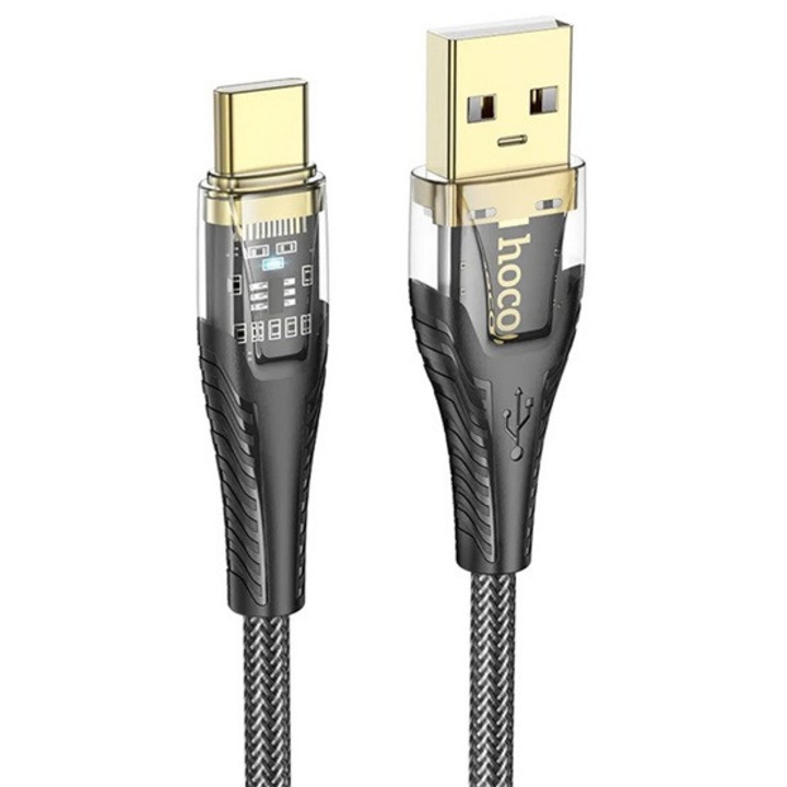 Hoco u121 adatkábel, usb - type-c, 2.4a, gyorstöltő, 120cm, led jelzés, cipőfűző, fekete