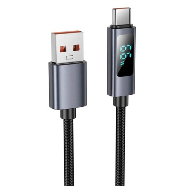 Hoco x112 adatkábel, usb - type-c, 5a, gyorstöltő, 100cm, led kijelző, cipőfűző, fekete