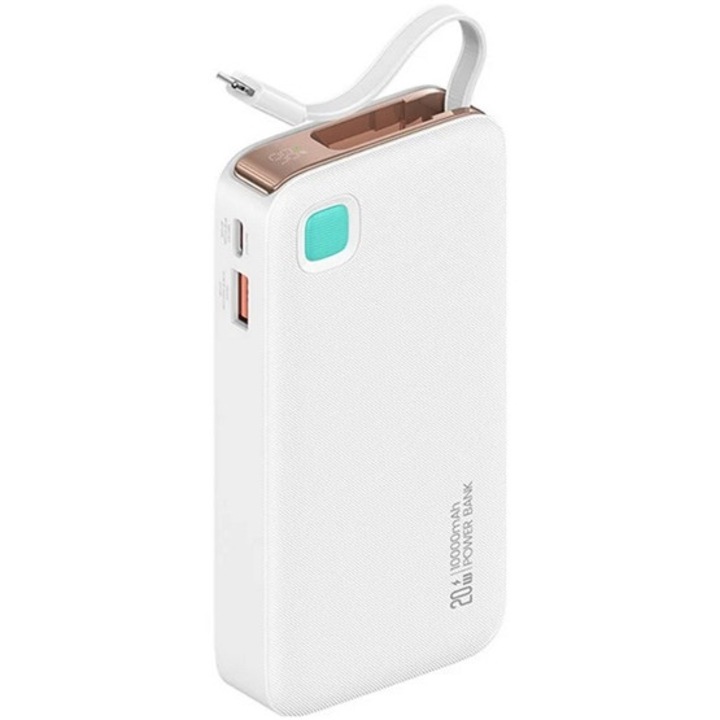 Awei xy vésztöltő usb+type-c aljzat, 10000mah, 20w, pd gyorstöltő, led kijelző + fix lightning kábel, fehér