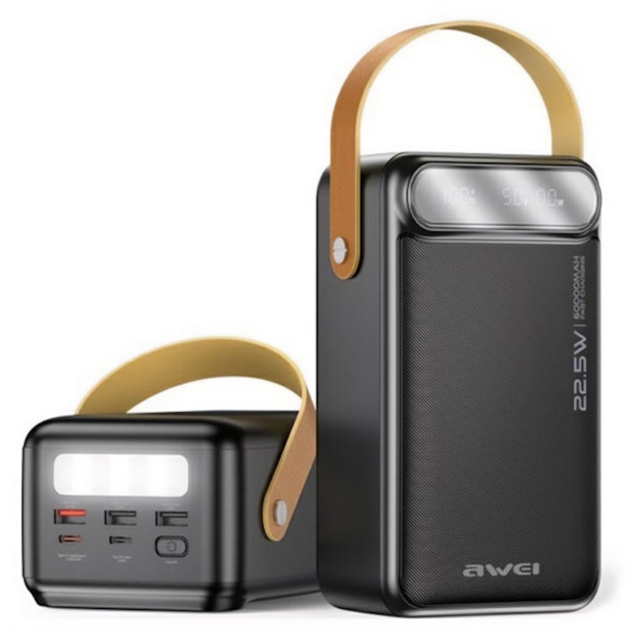 Awei p101k vésztöltő 3 usb+2 type-c aljzat, 60000mah, 22.5w, pd gyorstöltő, led kijelző, led lámpa, fekete