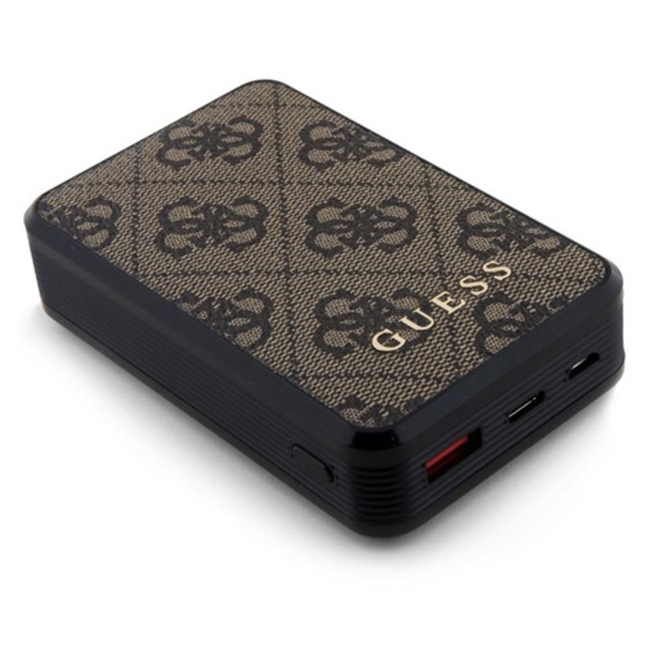 Guess 4g leather metal logo vésztöltő usb+type-c aljzat, 10000mah, 18w, gyorstöltő, barna