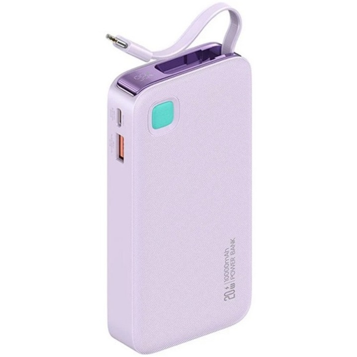 Awei xy vésztöltő usb+type-c aljzat, 10000mah, 20w, pd gyorstöltő, led kijelző + fix type-c kábel, lila