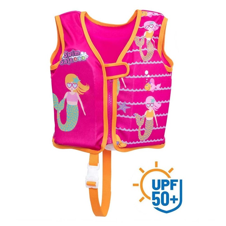 Úszómellény gyerekeknek és babáknak, Comando Home, UPF50+ UV-védelemmel, habszivacsból készült, cipzárral és tépőzárral rögzíthető, 1-3 éves korig, teherbírás 19 KG, sellő modell, többszínű rózsaszín