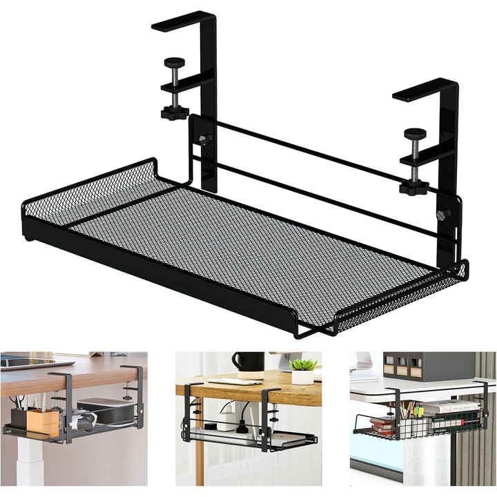 Organizator Birou Tip Suport KD Home® DeskNest, Metalic, Cu Prindere Sub Birou, Pentru Pixuri, Agende, Prelungitor, Fara Gauri, 25 cm, Negru