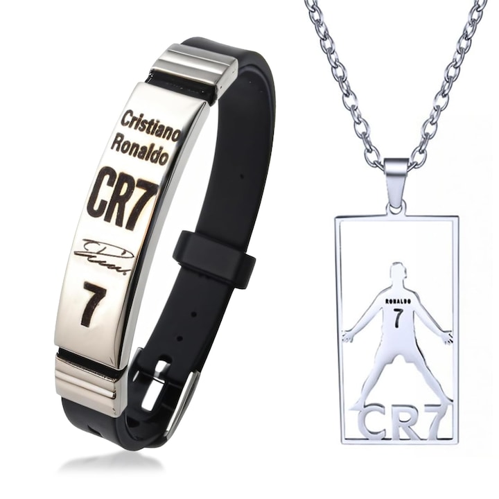 CR7 foci ékszer szett, rozsdamentes acél nyaklánc és szilikon karkötő, ezüst, uniszex