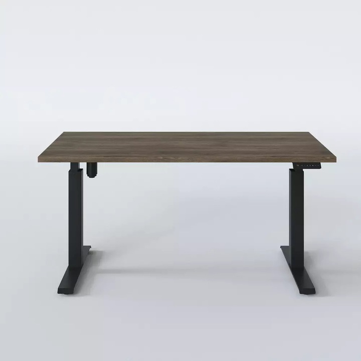 Birou electric, KOLM, reglabil pe inaltime, PAL, stejar ciocolatiu/negru, 138 x 68 cm