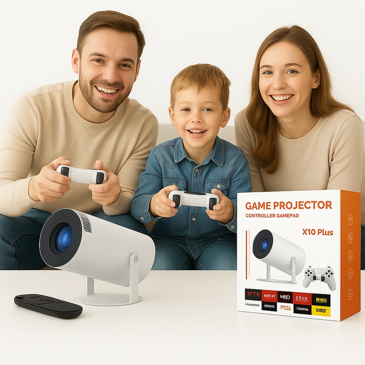 Videoproiector portabil X10 PLUS, Consola Proiector cu 10000 Jocuri, 64GB, Android 11, Gaming Retro & Cinema HD 5000 lumeni, 120 ANSI, Suport 4K Ultra HD, Auto Keystone, WiFi6, Bluetooth 5.0, Rezolutie 1280x720p HD, Gamepad, Alb
