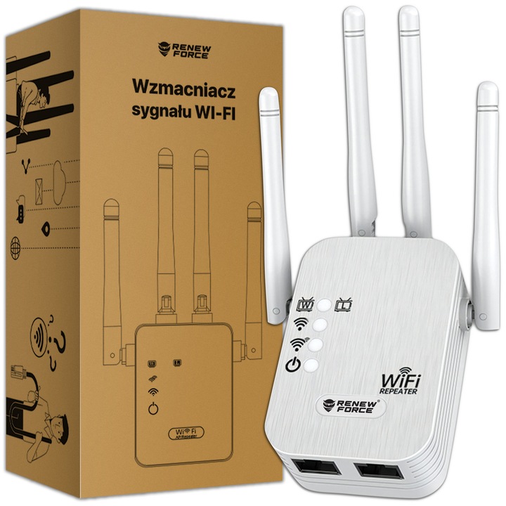 Amplificator Semnal Wireless 4 in1 RENEW FORCE®, 1200Mb/s 5GHz, 4 antene, 1 x WAN, 1 x LAN, WPA/WPA2, WPA-PSK/WPA2-PSK, range extender WiFi, router, access point, bridge, LED, semnal puternic, semnal stabil, retea sigura, Alb Z01B