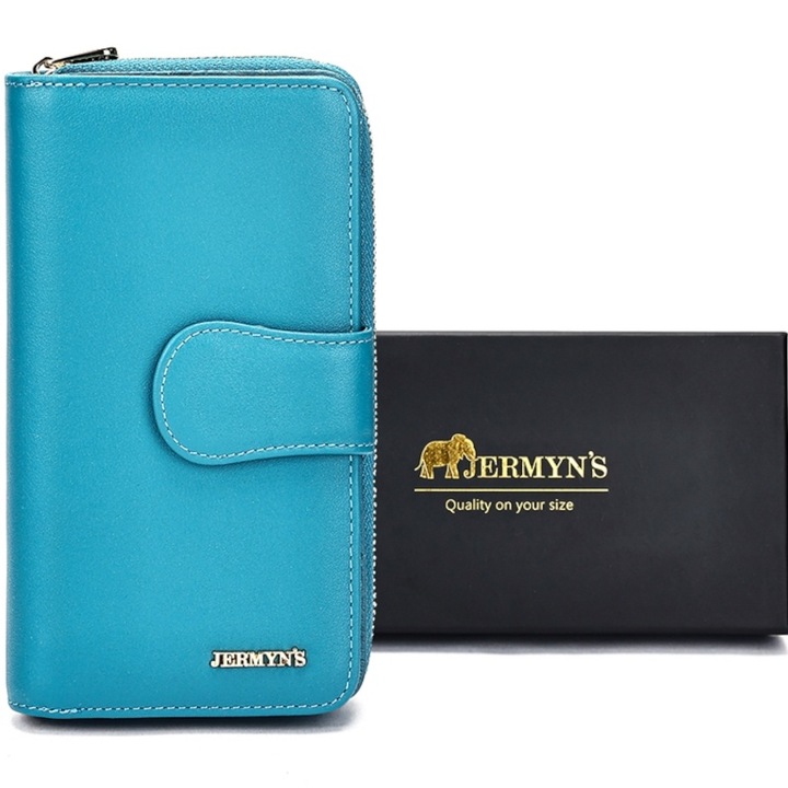 Portofel dama, piele naturala, JERMYN'S Roma, elegant, Turcoaz, 16.5 x 9.5 x 3.5 cm