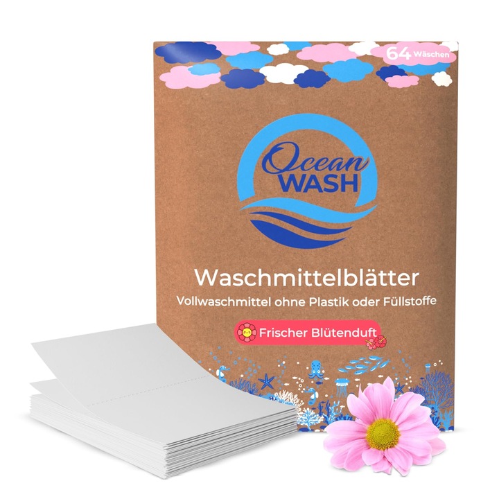 OceanWash mosószer lapok, 64 mosás, virágos illat, biológiailag lebomló, univerzális