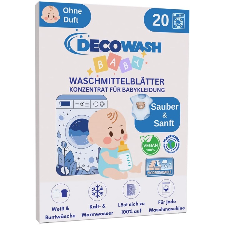 Baba mosószer, DECOWASH, lepedőkhöz, hipoallergén, színes, 20 mosásos készlet