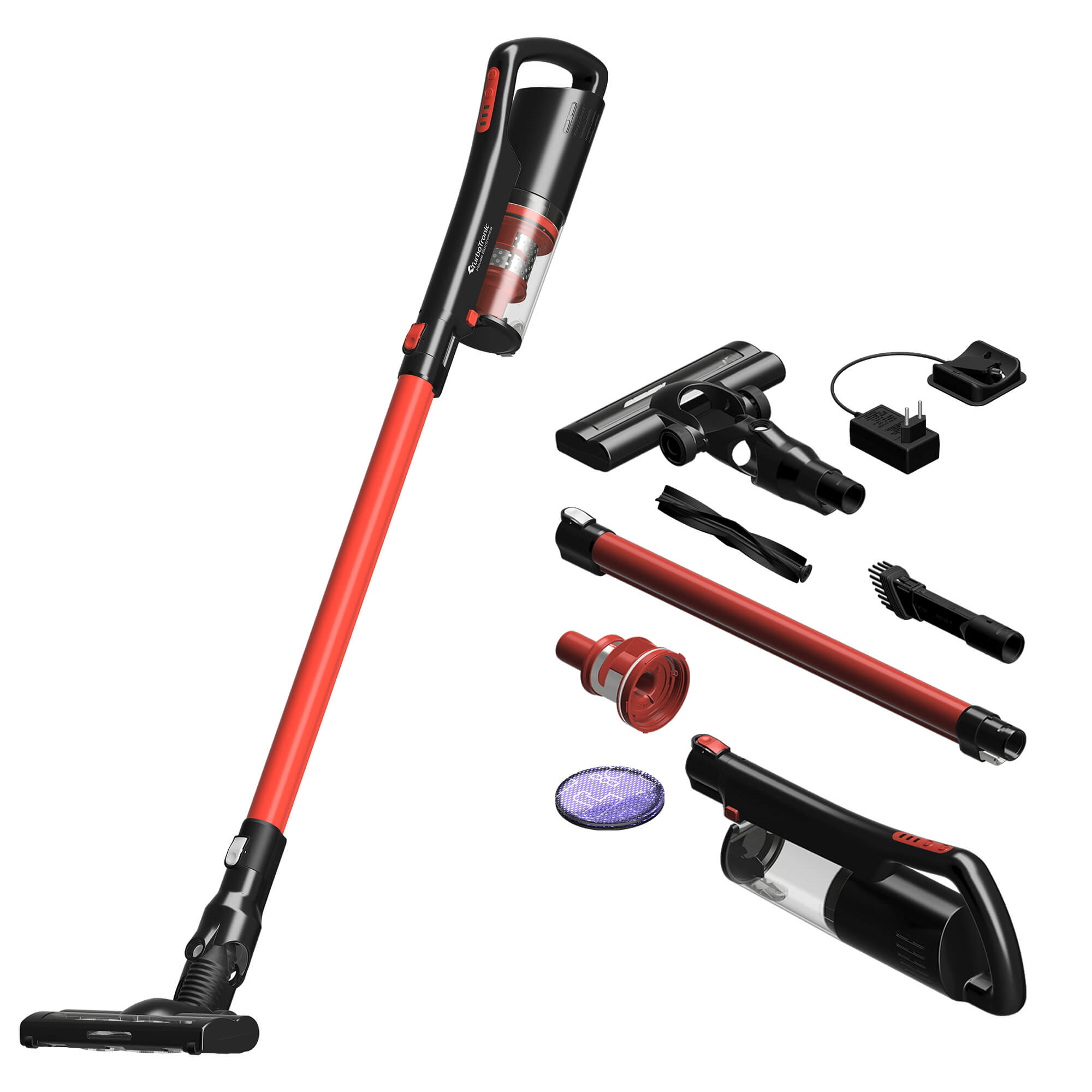 Aspirator cu laser 2in1 TurboTronic TT-LV8 Ultra-Light Stick, 0.7l, baterie Li-ion, 22, 2V, 40 minute autonomie, Rosu/Negru