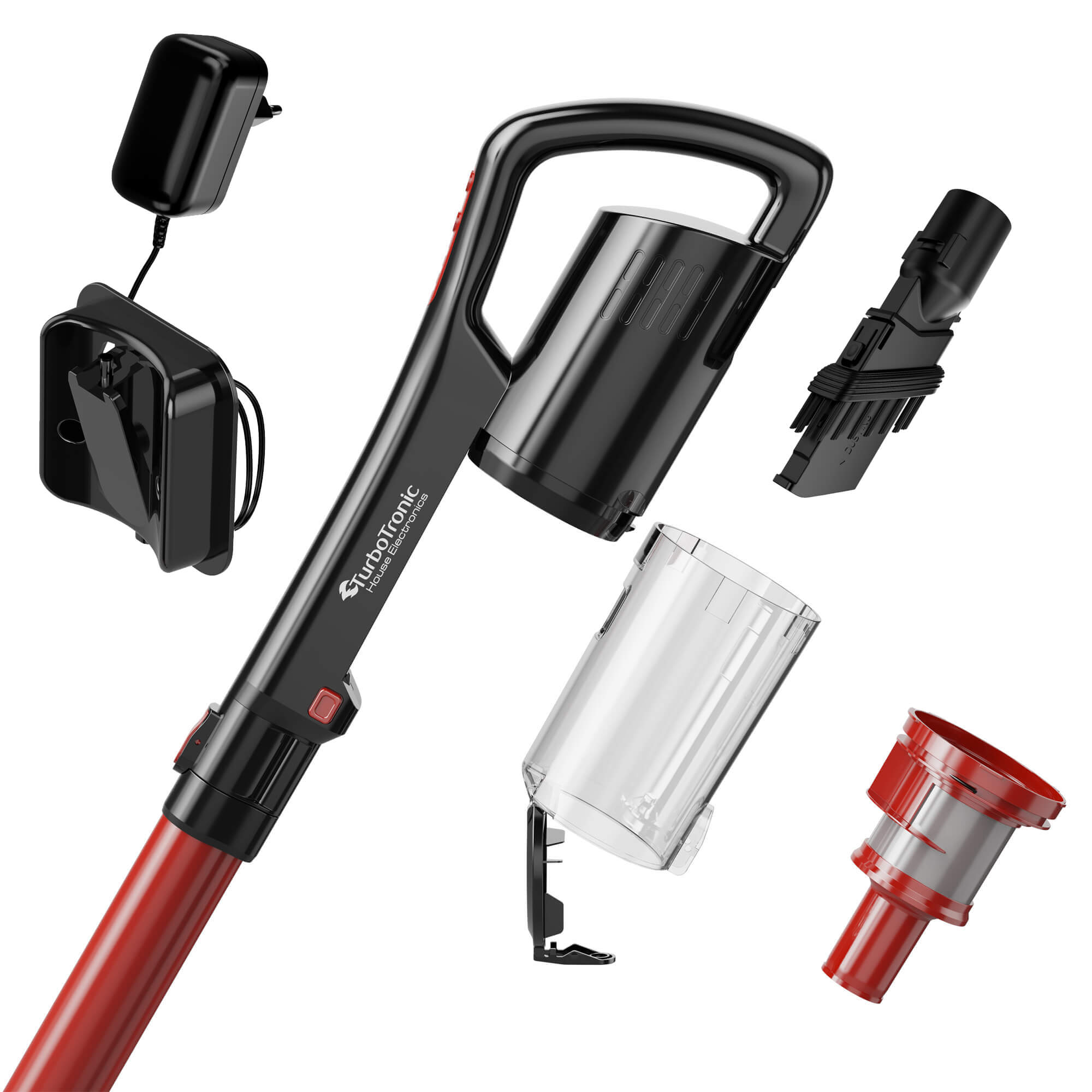 Aspirator cu laser 2in1 TurboTronic TT-LV8 Ultra-Light Stick, 0.7l, baterie Li-ion, 22, 2V, 40 minute autonomie, Rosu/Negru