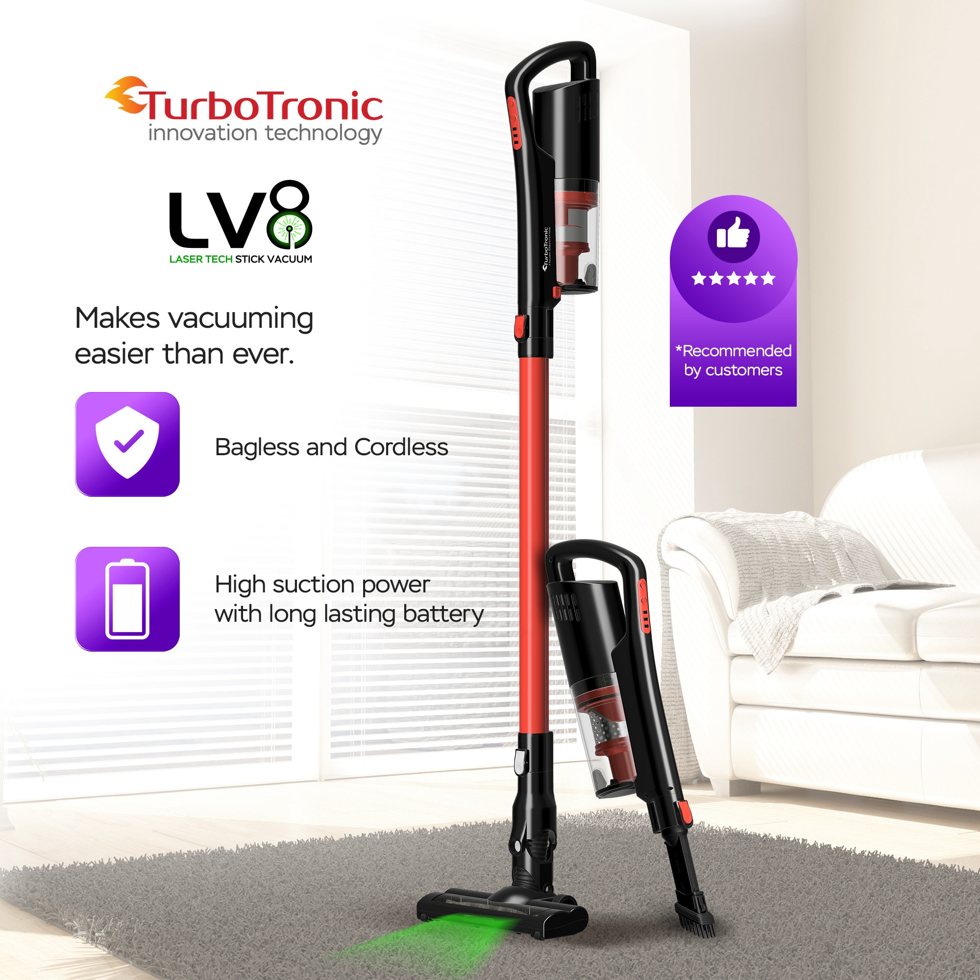Aspirator cu laser 2in1 TurboTronic TT-LV8 Ultra-Light Stick, 0.7l, baterie Li-ion, 22, 2V, 40 minute autonomie, Rosu/Negru