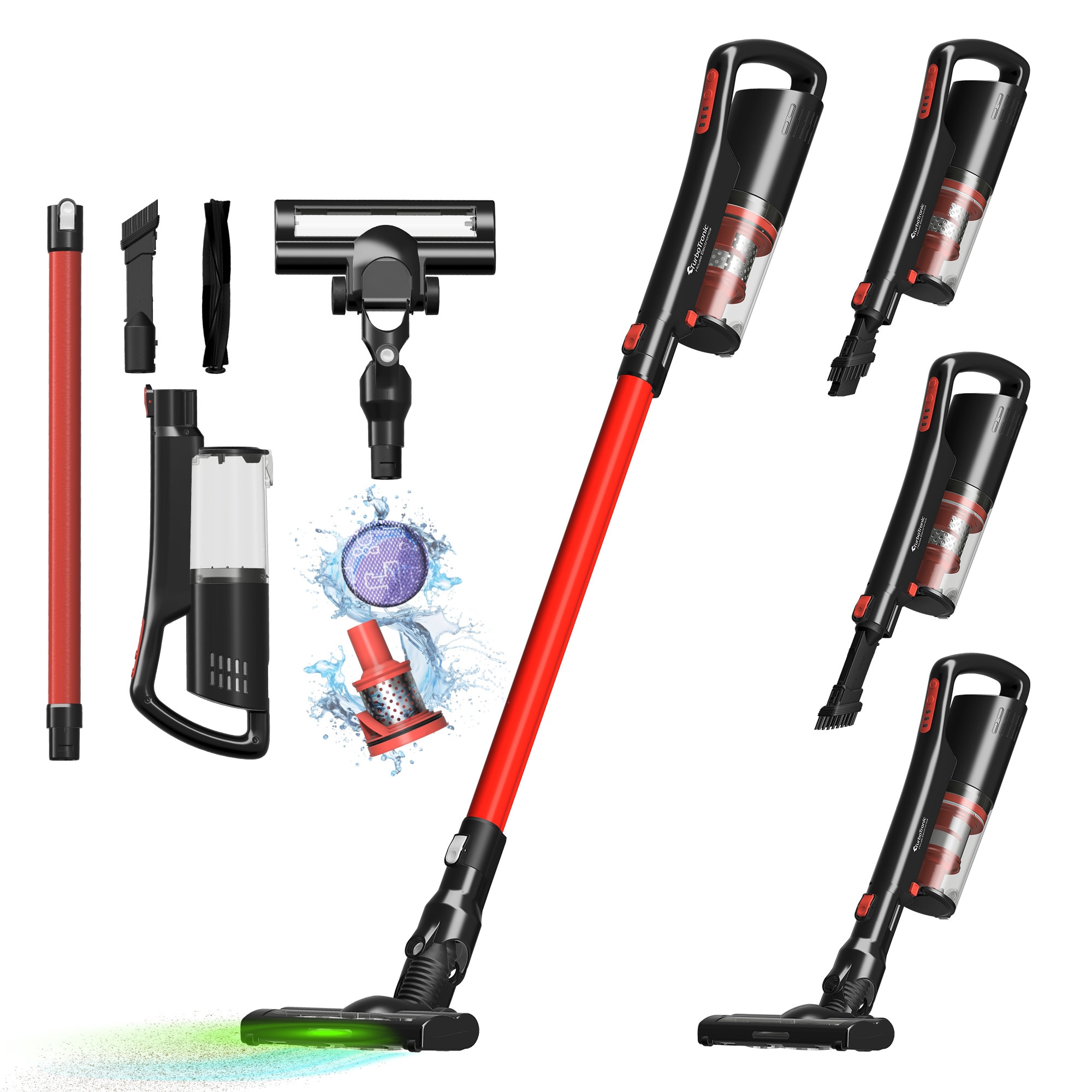Aspirator cu laser 2in1 TurboTronic TT-LV8 Ultra-Light Stick, 0.7l, baterie Li-ion, 22, 2V, 40 minute autonomie, Rosu/Negru