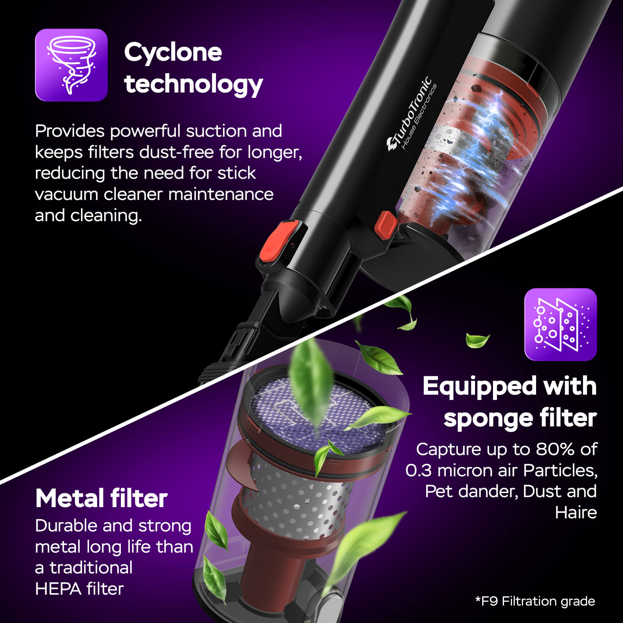 Aspirator cu laser 2in1 TurboTronic TT-LV8 Ultra-Light Stick, 0.7l, baterie Li-ion, 22, 2V, 40 minute autonomie, Rosu/Negru