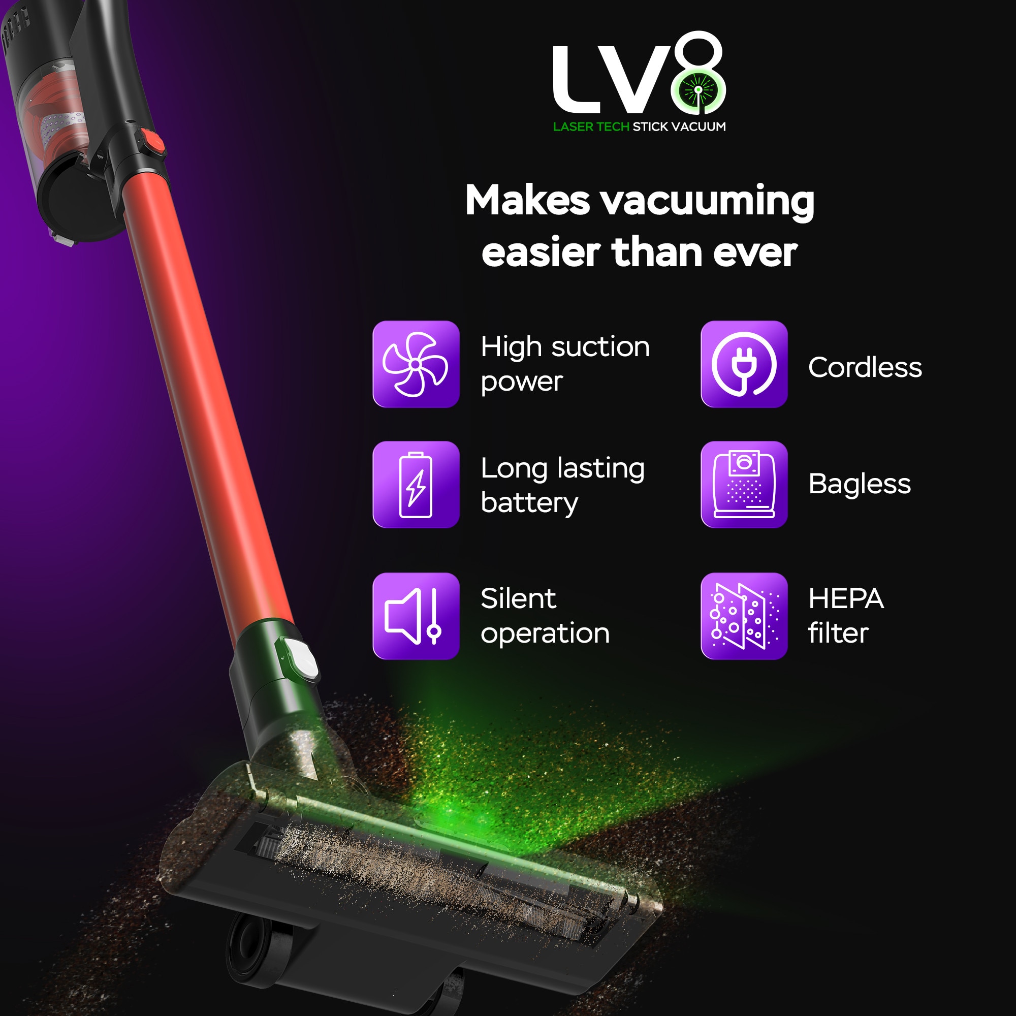 Aspirator cu laser 2in1 TurboTronic TT-LV8 Ultra-Light Stick, 0.7l, baterie Li-ion, 22, 2V, 40 minute autonomie, Rosu/Negru